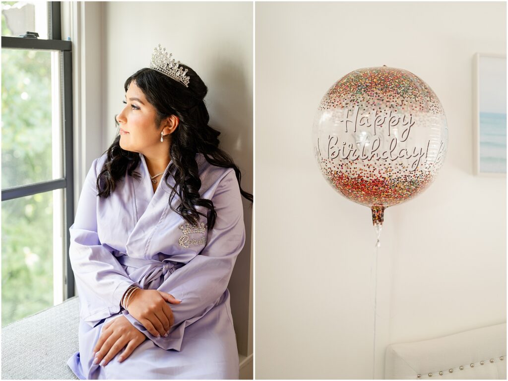 quinceañera and her birthday balloons