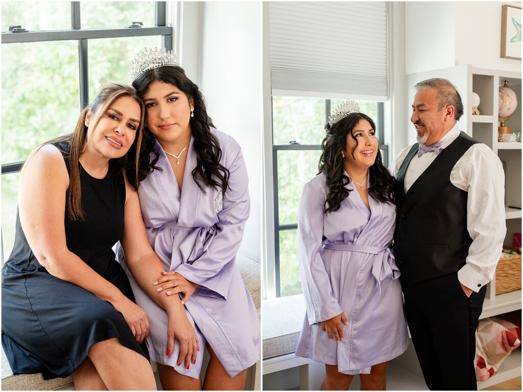 quinceañera with her parents before putting on her gown